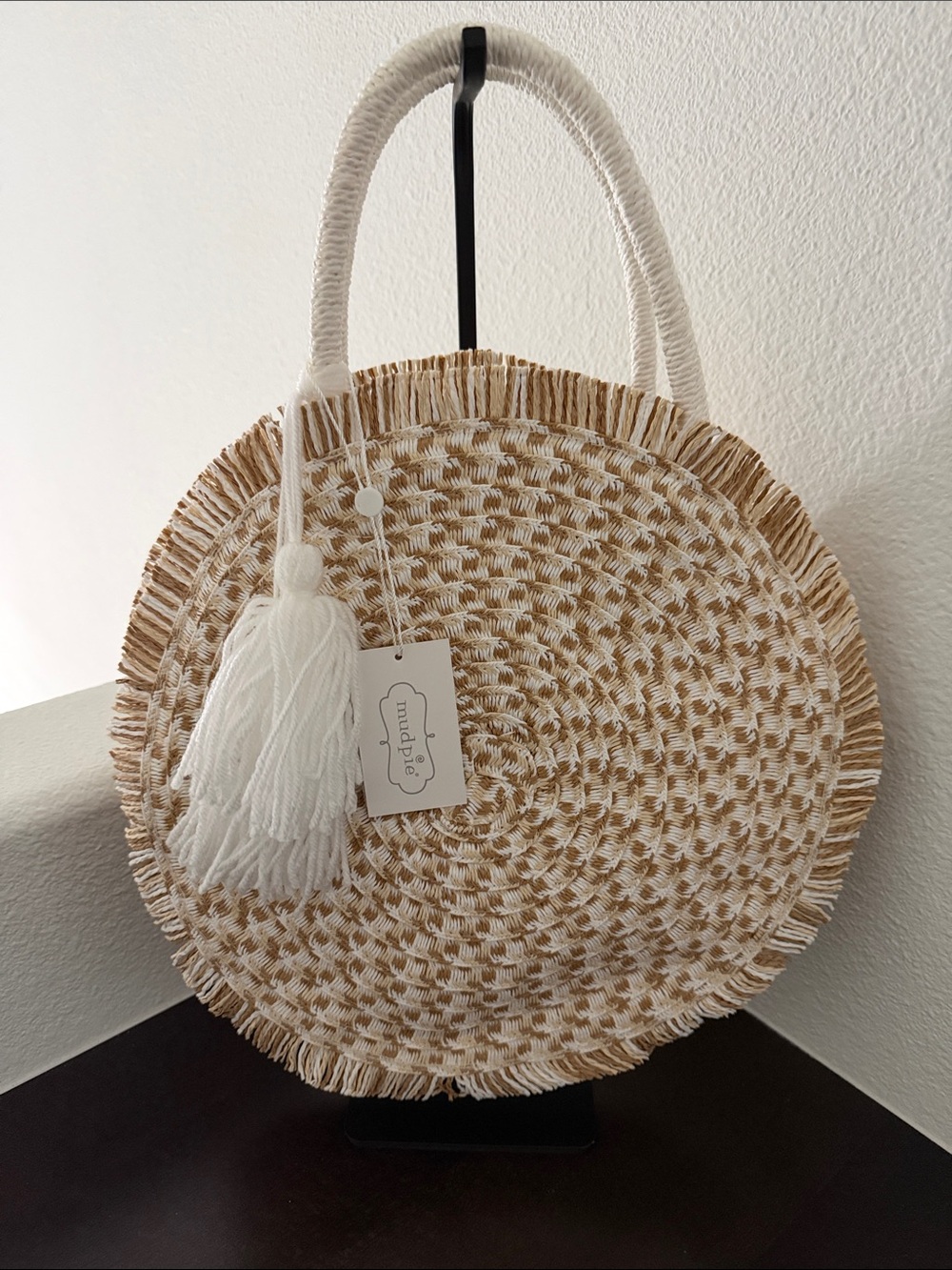 Mud Pie Round Woven Bag in Natural and White with Tassel & Crossbody Strap Inc.